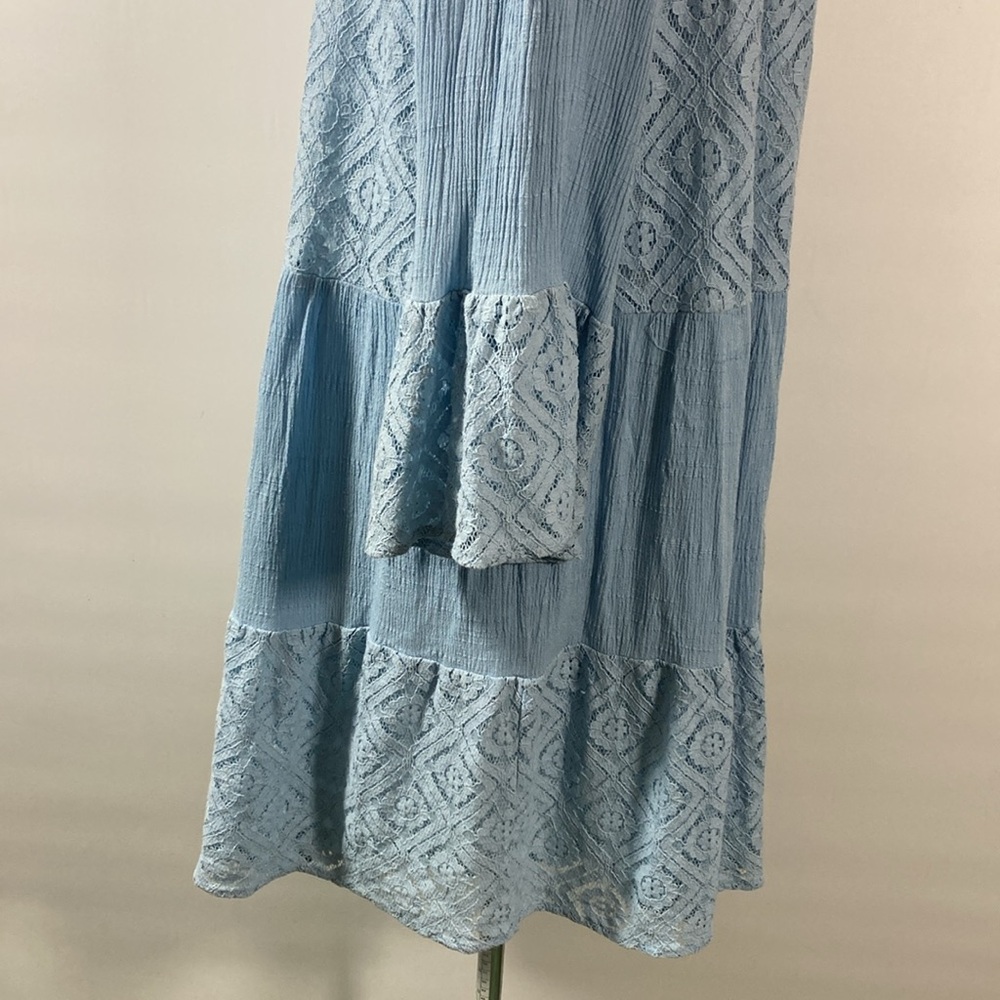 Entro Dress Women Size Large Blue Bell Sleeves Crocheted Tiers - Picture 6 of 11